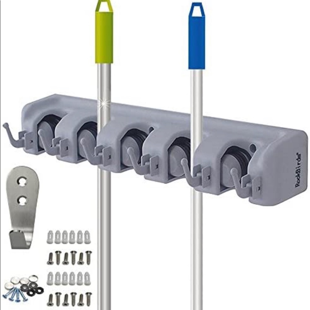 Mop Broom Holder, Storage Rack 6 Hooks 5 Positions